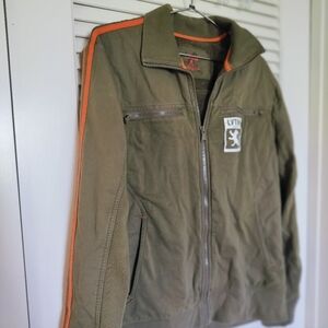 Express LVTHN Lion Logo Olive Green Jacket with Orange Accents 100% Cotton Med